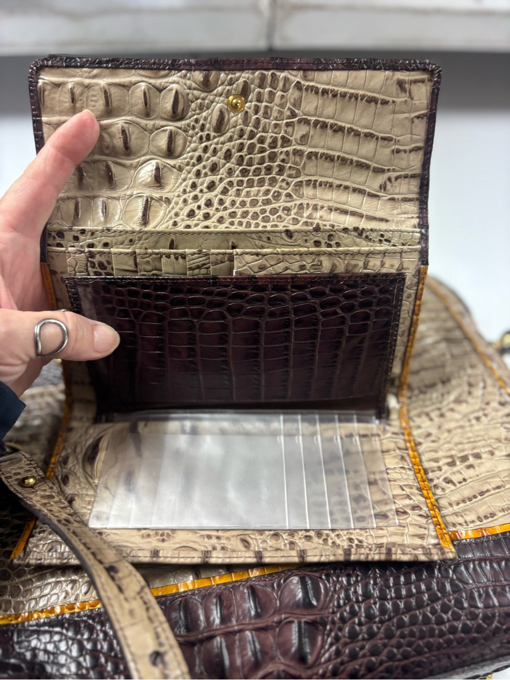 Brahmin Croc-Embossed Satchel in Beige and Dark Brown with Yellow Trim - Picture 12 of 16